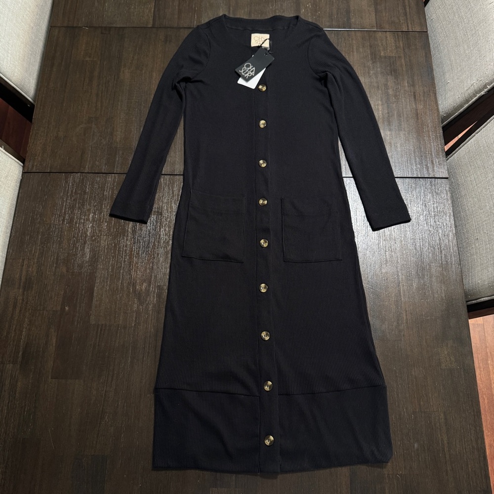 Chaser Small Ribbed Long Sleeve Button-Front Duster With pockets
